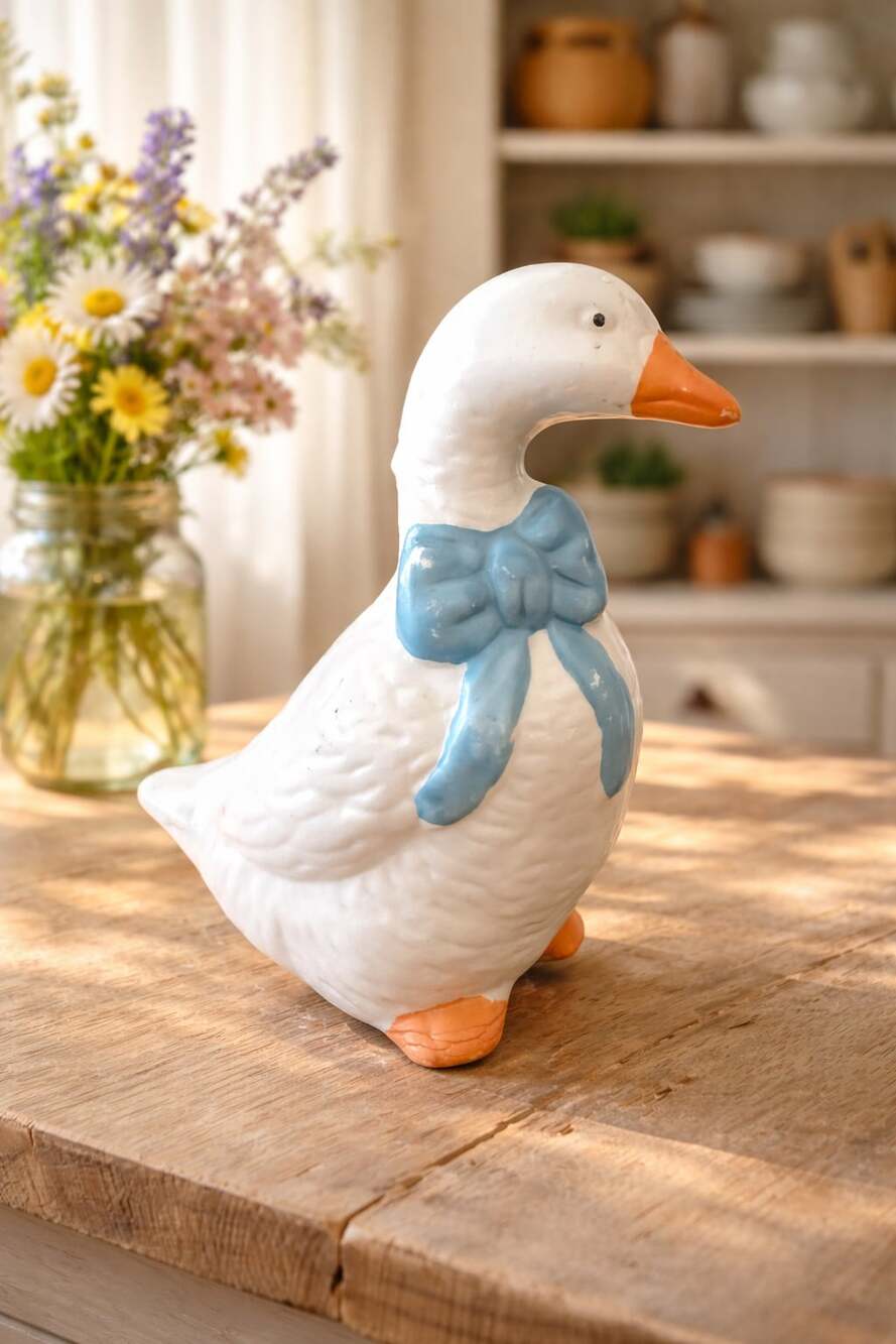 Vintage Ceramic White Goose Duck Figurine with Blue Bow Cottagecore Farmhouse De